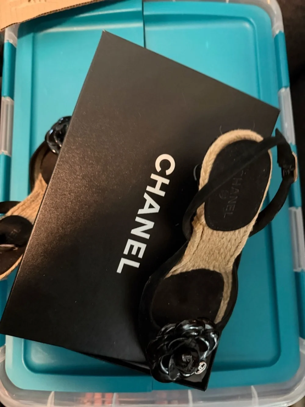 CHANEL Velvet Patent Camellia Espadrilles Wedge Sandals 37 Black